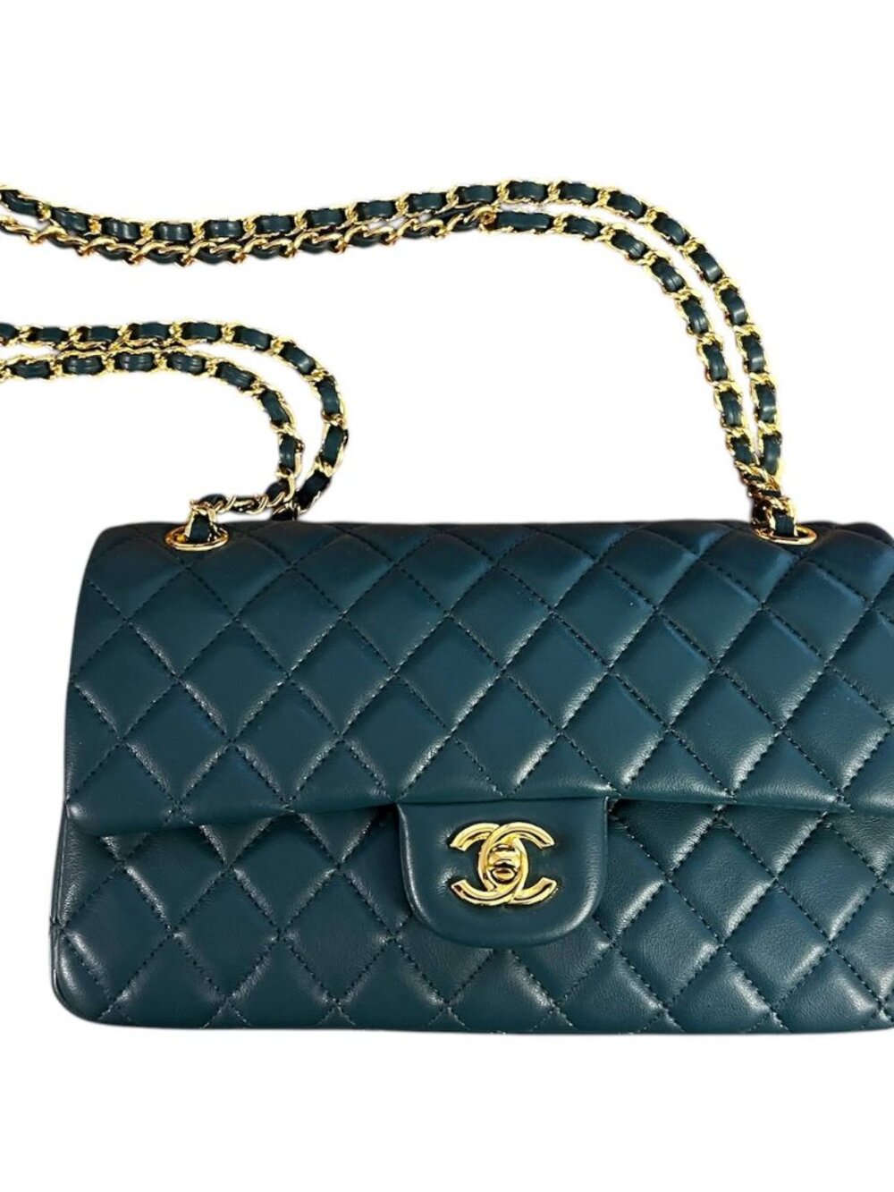 ChaneI Quilted Flap Bag in a Deep Emerald/ Green Color with Gold-Tone Hardware